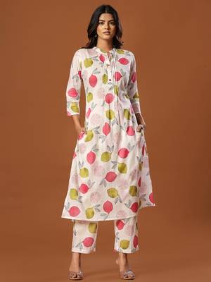 White printed cotton kurta trouser set 1