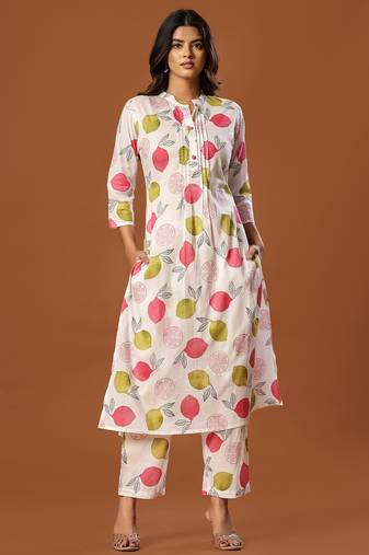 White printed cotton kurta trouser set