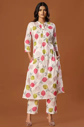 White printed cotton kurta trouser set