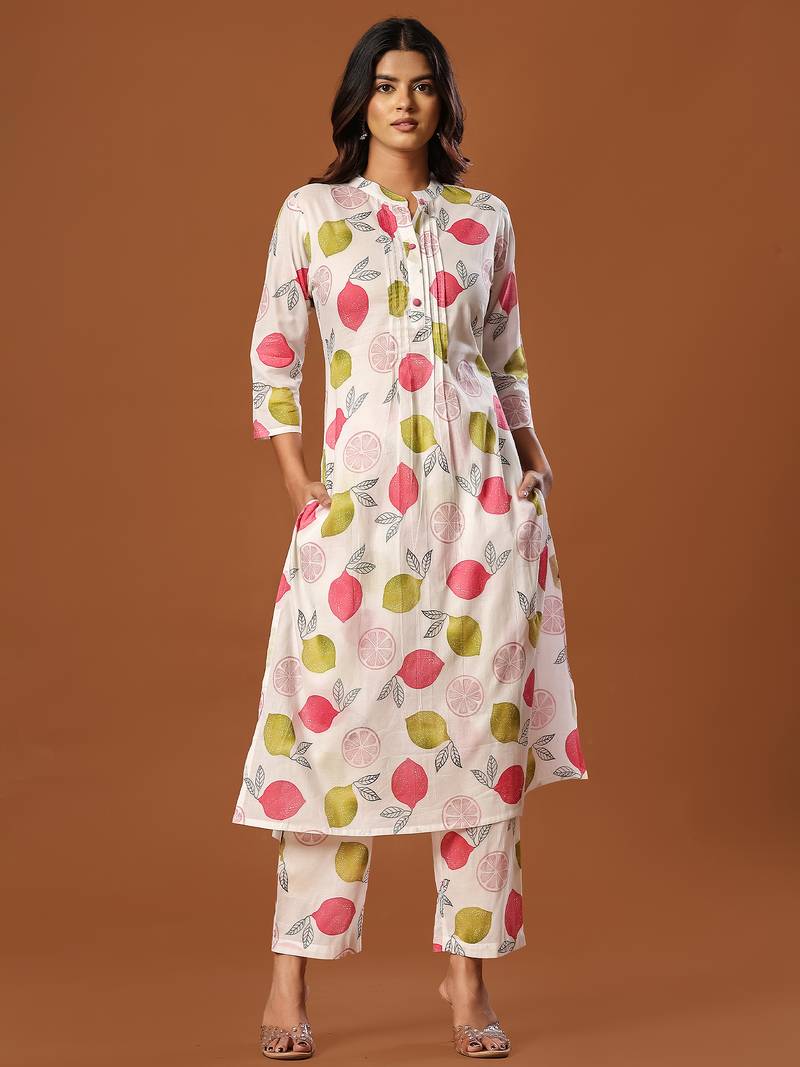 White printed cotton kurta trouser set