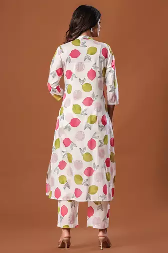White printed cotton kurta trouser set