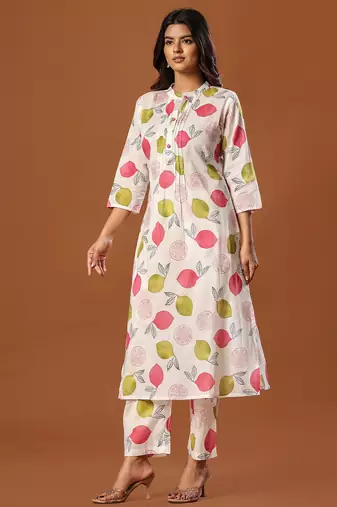White printed cotton kurta trouser set