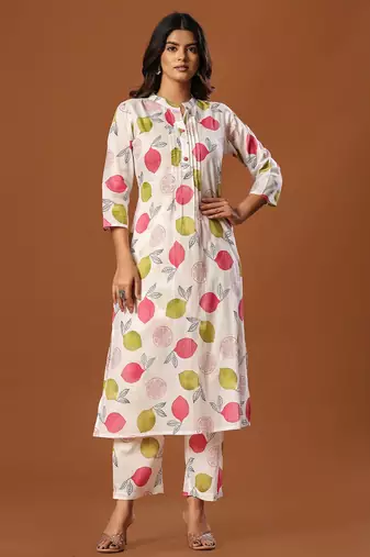 White printed cotton kurta trouser set