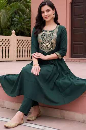 Green embroidered cotton kurta trouser set