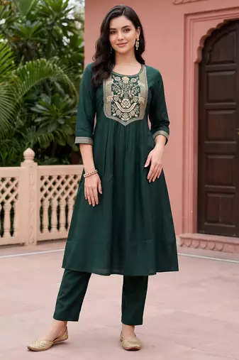 Green embroidered cotton kurta trouser set