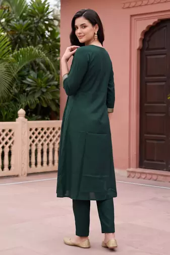 Green embroidered cotton kurta trouser set
