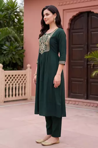 Green embroidered cotton kurta trouser set