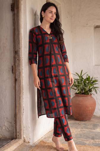Black printed cotton kurta trouser set