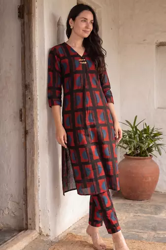 Black printed cotton kurta trouser set