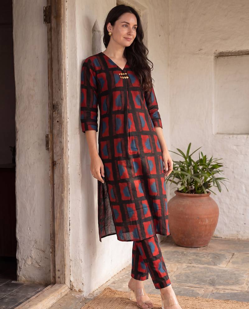 Black printed cotton kurta trouser set