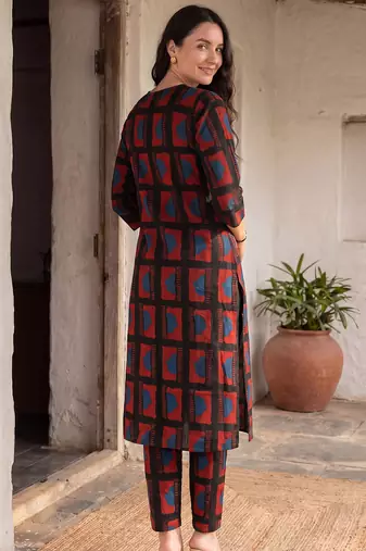 Black printed cotton kurta trouser set