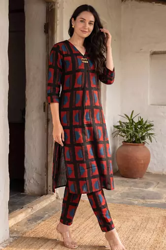 Black printed cotton kurta trouser set