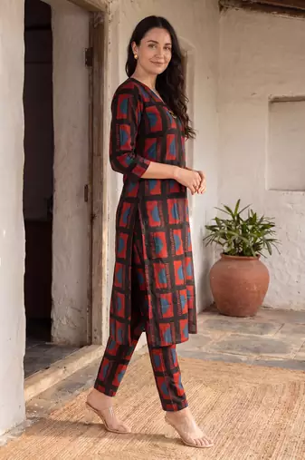 Black printed cotton kurta trouser set