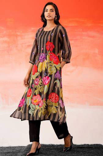 Black printed cotton kurta trouser set