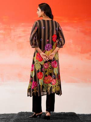 Black printed cotton kurta trouser set 2