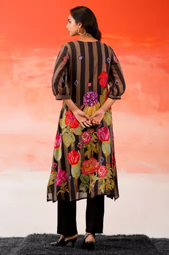 Black printed cotton kurta trouser set