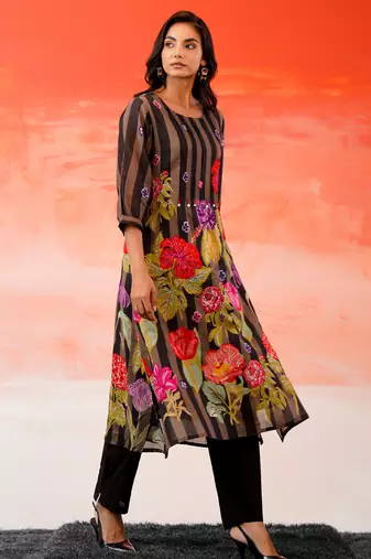 Black printed cotton kurta trouser set