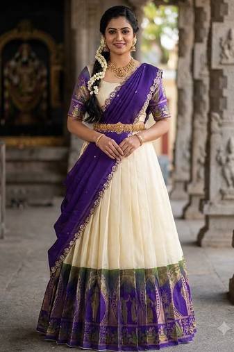 South Indian Style Semi-Stitched Half Saree with Blouse and Dupatta