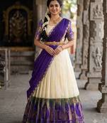 South Indian Style Semi-Stitched Half Saree with Blouse and Dupatta
