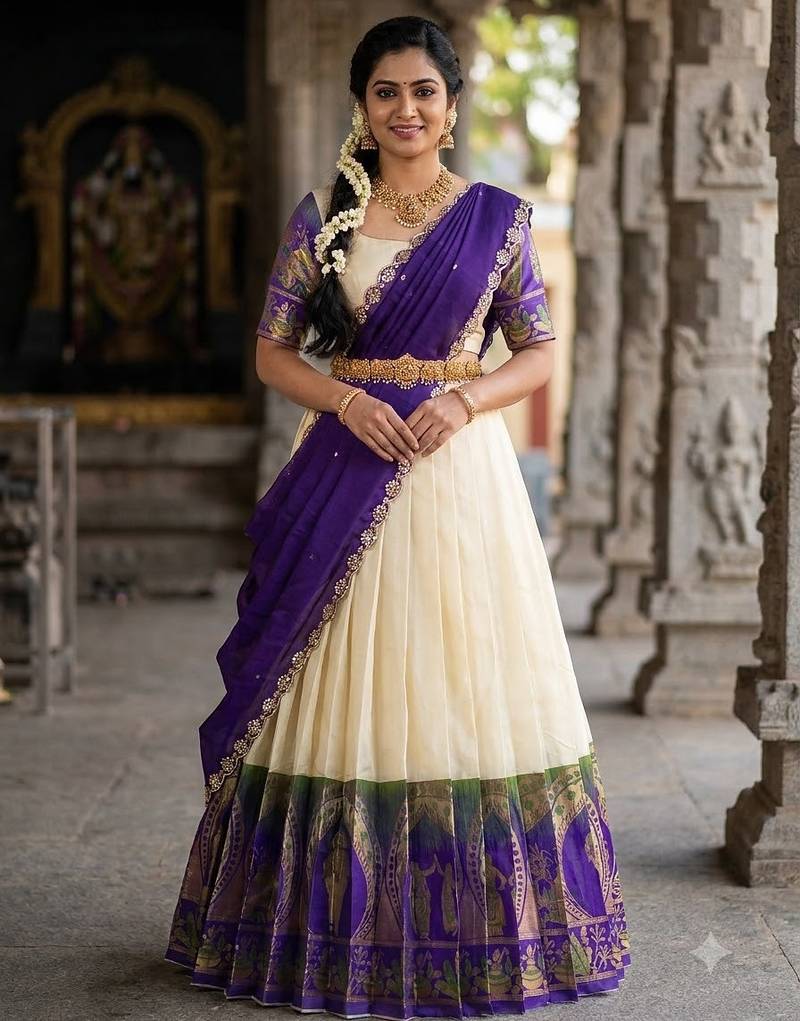 South Indian Style Semi-Stitched Half Saree with Blouse and Dupatta