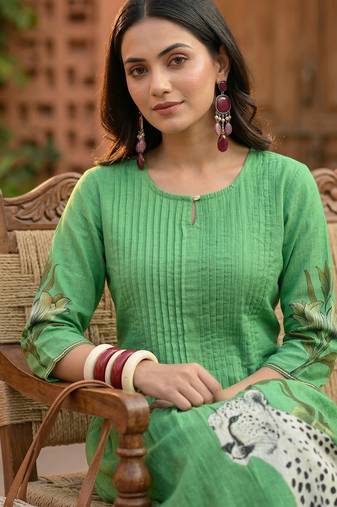 Green printed cotton kurta trouser set