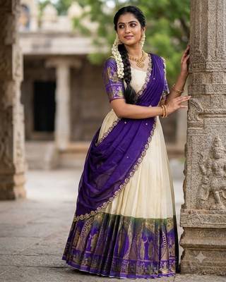 South Indian Style Semi-Stitched Half Saree with Blouse and Dupatta 2