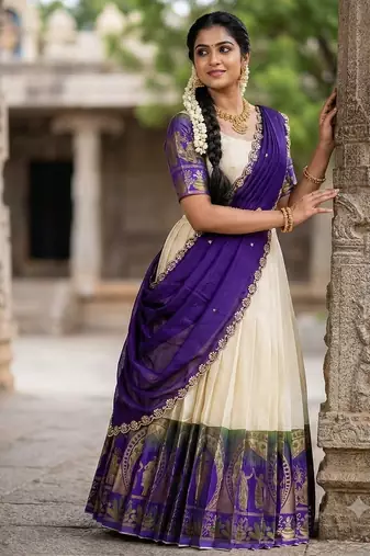 South Indian Style Semi-Stitched Half Saree with Blouse and Dupatta