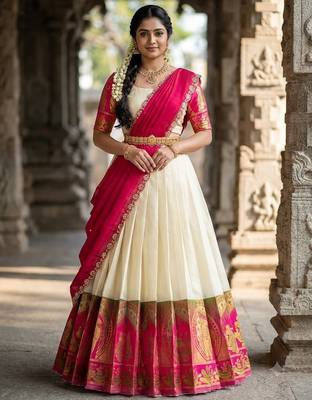 South Indian Style Semi-Stitched Half Saree with Blouse and Dupatta 1