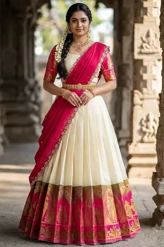 South Indian Style Semi-Stitched Half Saree with Blouse and Dupatta