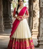 South Indian Style Semi-Stitched Half Saree with Blouse and Dupatta