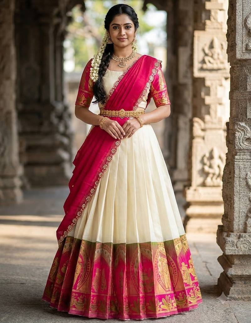 South Indian Style Semi-Stitched Half Saree with Blouse and Dupatta