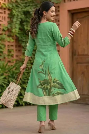Green printed cotton kurta trouser set