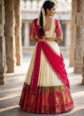 South Indian Style Semi-Stitched Half Saree with Blouse and Dupatta 2