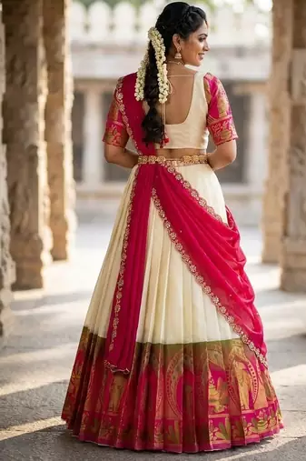 South Indian Style Semi-Stitched Half Saree with Blouse and Dupatta