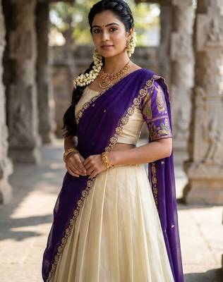 South Indian Style Semi-Stitched Half Saree with Blouse and Dupatta 3