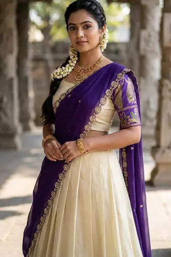 South Indian Style Semi-Stitched Half Saree with Blouse and Dupatta
