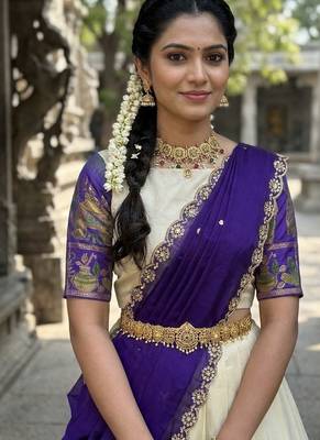 South Indian Style Semi-Stitched Half Saree with Blouse and Dupatta 4