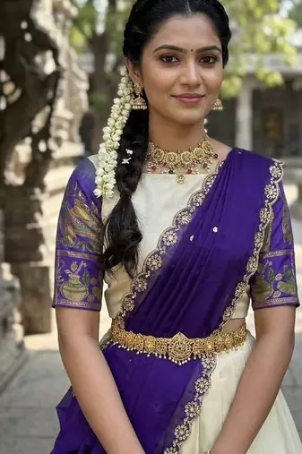 South Indian Style Semi-Stitched Half Saree with Blouse and Dupatta