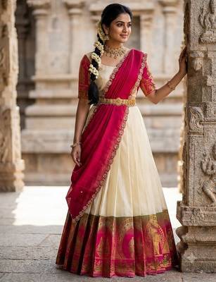 South Indian Style Semi-Stitched Half Saree with Blouse and Dupatta 3