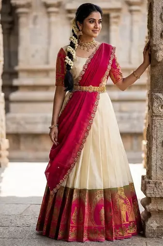 South Indian Style Semi-Stitched Half Saree with Blouse and Dupatta