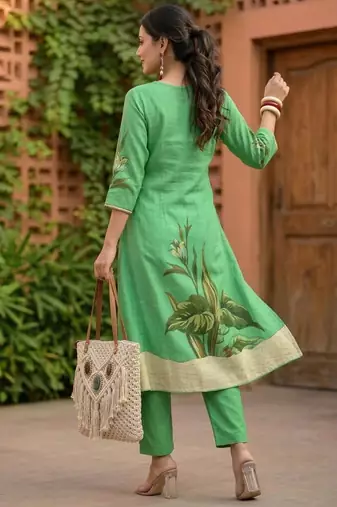 Green printed cotton kurta trouser set