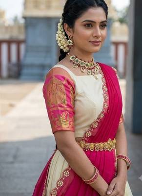 South Indian Style Semi-Stitched Half Saree with Blouse and Dupatta 4