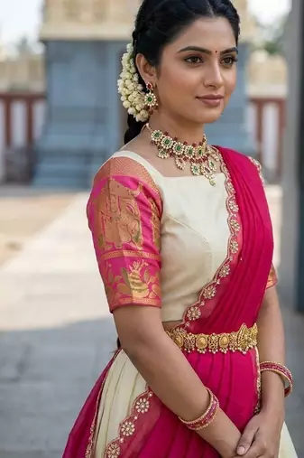 South Indian Style Semi-Stitched Half Saree with Blouse and Dupatta