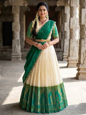 South Indian Style Semi-Stitched Half Saree with Blouse and Dupatta 1