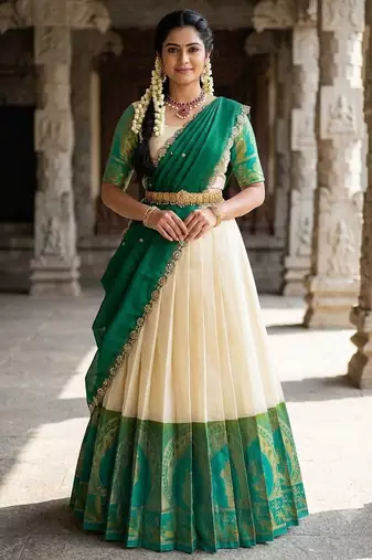 South Indian Style Semi-Stitched Half Saree with Blouse and Dupatta
