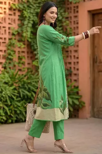 Green printed cotton kurta trouser set
