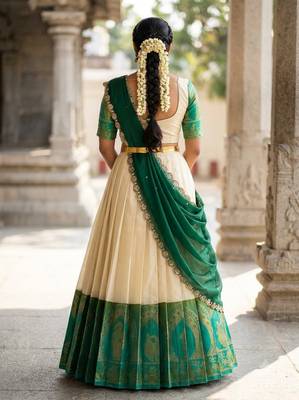 South Indian Style Semi-Stitched Half Saree with Blouse and Dupatta 2