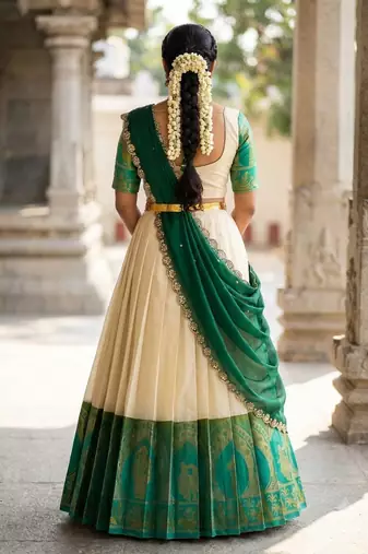 South Indian Style Semi-Stitched Half Saree with Blouse and Dupatta