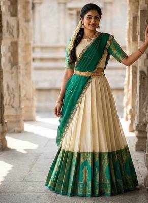 South Indian Style Semi-Stitched Half Saree with Blouse and Dupatta 3