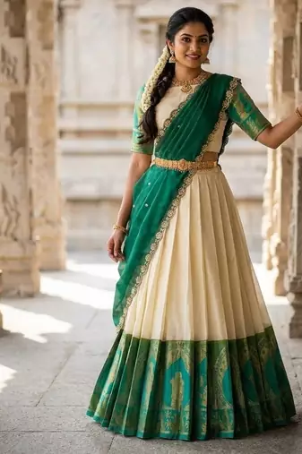 South Indian Style Semi-Stitched Half Saree with Blouse and Dupatta